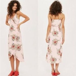 TopShop Pink Floral Wrap Midi Dress